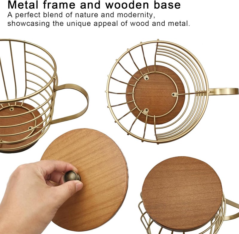 MFBJXC Large Capacity Wire Kup Storage with Wooden Base, Mug Shape Wire Storage Basket with Lid for Home Cafe Bar Countertop Kitchen Decor Storage Accessorie Gold - Image 3